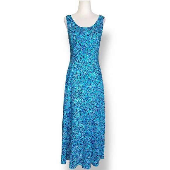 Vintage 90s Maxi Dress Blue Pattern Dark Floral Lace-Up Back Sleeveless Small - Picture 1 of 8